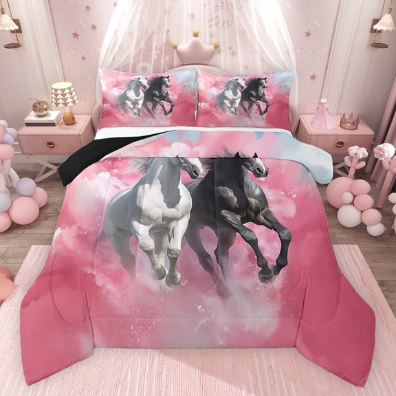 Feelyou 3D Couple Horse Bedding Comforter Set for Kids, Kawaii Rustic Animal Twin Comforter Sets, Pink Watercolor Reversible Bedding Set, Luxury Bedroom Decor, 2-Piece