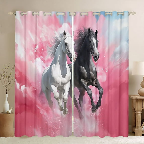 Feelyou 3D Couple Horse Black Out Curtains for Kids, Kawaii Rustic Animal Curtains Pack of 2 (42x63 Each), Pink Watercolor Bedroom Curtains, Blackout Curtains Bedroom Decor