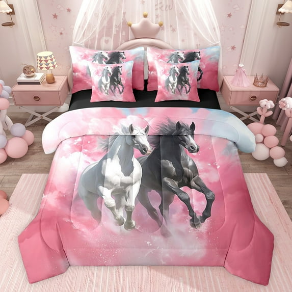 Feelyou 3D Couple Horse Twin Bedding Sets 7-Piece for Kids, Kawaii Rustic Animal Bedding Comforter Set, Pink Watercolor Reversible Sheet Sets, Luxury Bedroom Decor
