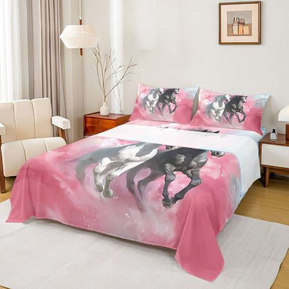 Feelyou 3D Couple Horse Twin Sheet Sets for Kids, Kawaii Rustic Animal Twin Fitted Sheet, Pink Watercolor Flat Sheet, Luxury Bedroom Decor, 3-Piece