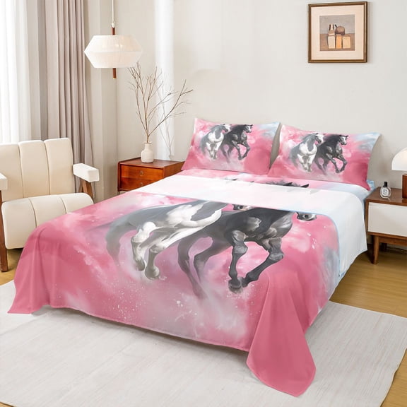 Feelyou 3D Couple Horse Twin Sheet Sets for Kids, Kawaii Rustic Animal Twin Fitted Sheet, Pink Watercolor Flat Sheet, Luxury Bedroom Decor, 3-Piece