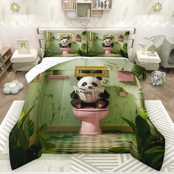 Feelyou 3D Cute Panda Bedding Comforter Set for Teens, Kawaii Wildlife Animal Twin Comforter Sets, Green Tropic Palm Leaf Reversible Bedding Set, Ultra Soft Bedroom Decor, 2 Pieces