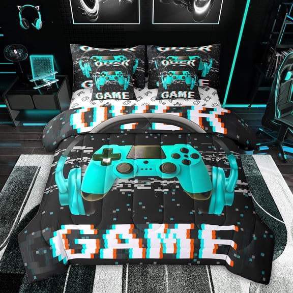 Feelyou 3D Cyan Gamepad Twin Bedding Sets 7-Piece for Boy, Pixelated Blocks Miners Bedding Comforter Set, Modern Video Game Theme Reversible Sheet Sets, Super Cozy Room Decor