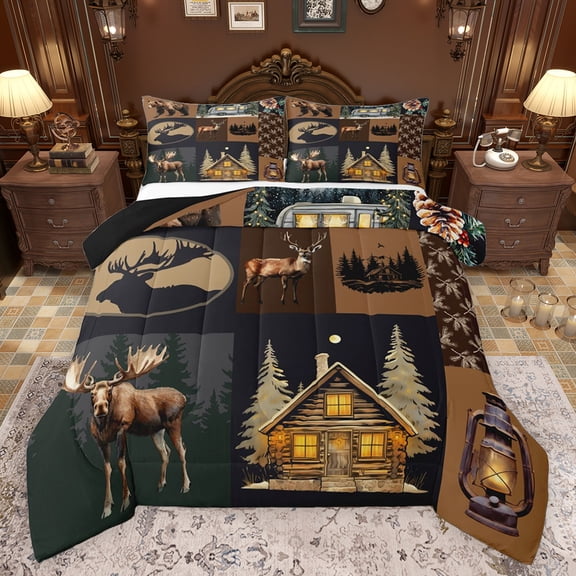 Feelyou 3D Deer Moose Bedding Comforter Set for Teens, Rustic Jungle Wildlife Twin Comforter Sets, Christmas Cabin Reversible Bedding Set, Microfiber Bedroom Decor, 2-Piece