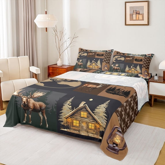 Feelyou 3D Deer Moose Twin Sheet Sets for Teens, Rustic Jungle Wildlife Twin Fitted Sheet, Christmas Cabin Flat Sheet, Microfiber Bedroom Decor, 3-Piece