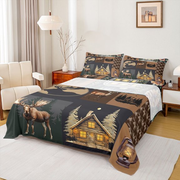 Feelyou 3D Deer Moose Twin Sheet Sets for Teens, Rustic Jungle Wildlife Twin Fitted Sheet, Christmas Cabin Flat Sheet, Microfiber Bedroom Decor, 3-Piece