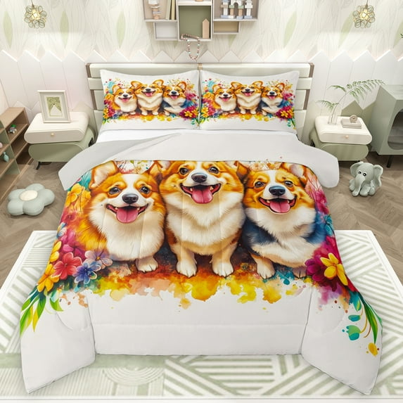Feelyou 3D Dog Pug Queen Comforter Set for Teens, Kawaii Animal Lover Bedding Sets, Fashion Watercolor Floral Reversible Bedding Comforter Set, Super Cozy Room Decor, 3pcs