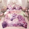 thumbnail image 1 of Feelyou 3D Dreamy Unicorn Bedding Comforter Set 7 Pieces, Romantic Pink Rose Flower Full Bedding Set, Kawaii Magical Animal Reversible Fitted Sheet Flat Sheet, Luxury Bedroom Decor, 1 of 8