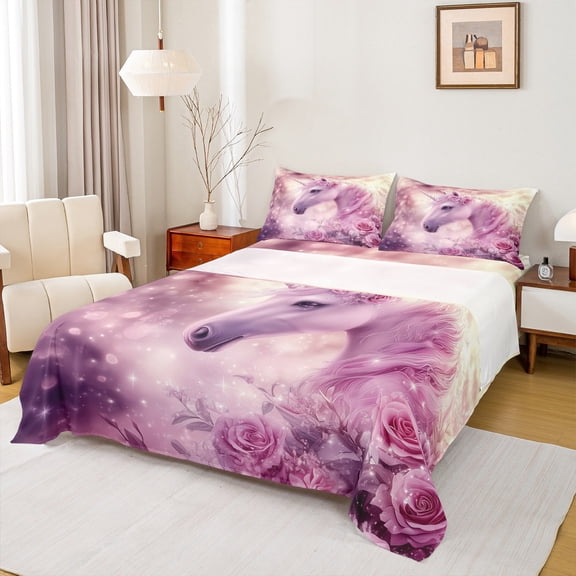 Feelyou 3D Dreamy Unicorn Twin Sheet Sets, Romantic Pink Rose Flower Twin Fitted Sheet, Kawaii Magical Animal Flat Sheet, Luxury Bedroom Decor, 3pcs