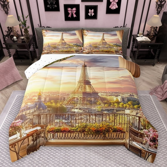 Feelyou 3D Eiffel Tower Queen Comforter Set, Romantic Paris City Bedding Sets, Couple Anniversary Reversible Bedding Comforter Set, Luxury Bedroom Decor, 3-Piece