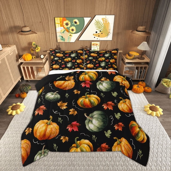 Feelyou 3D Fall Pumpkin King Size Comforter Sets, Autumn Maple Leaf Bedding Comforter Set, Harvest Festival Reversible Bedding Set, Lightweight Room Decor, 3pcs