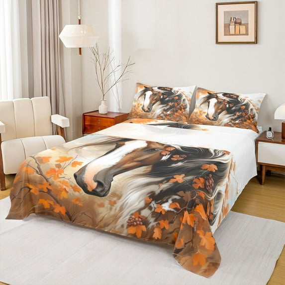 Feelyou 3D Farm Horse Twin Sheet Sets for Men, Rustic Western Animal Twin Fitted Sheet, Autumn Maple Leaves Flat Sheet, Microfiber Bedroom Decor, 3 Pieces