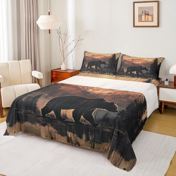 Feelyou 3D Farmhouse Bear Twin Sheet Sets, Rustic Tree Mountain Twin Fitted Sheet, Jungle Animals Wildlife Flat Sheet, Microfiber Bedroom Decor, 3 Pieces