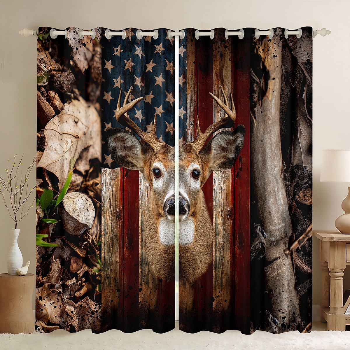 Feelyou 3D Farmhouse Deer Black Out Curtains for Men, American Flag ...