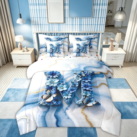 Feelyou 3D Floral Butterfly Initial M Twin Bedding for Women Girls, Marbling Abstract Bedding Comforter Set, Blue White, Polkadot Reversible, 7-Piece
