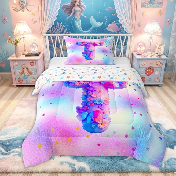 Feelyou 3D Flower Butterfly Letter T Twin Comforter Sets for Girls, Rainbow Stars Bedding Set, Colorful Stars Reversible, 2-Piece