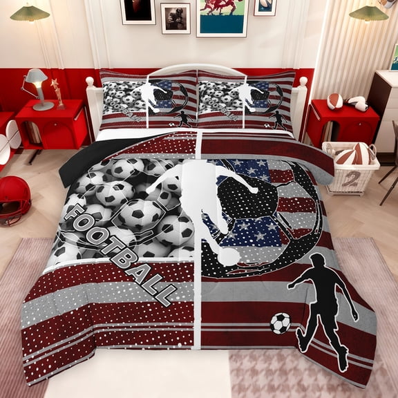 Feelyou 3D Football Print Bedding Comforter Set for Boy, Modern Soccer Sport Athlete Twin Comforter Sets, Grey Red Stripes Reversible Bedding Set, Ultra Soft Bedroom Decor, 2-Piece