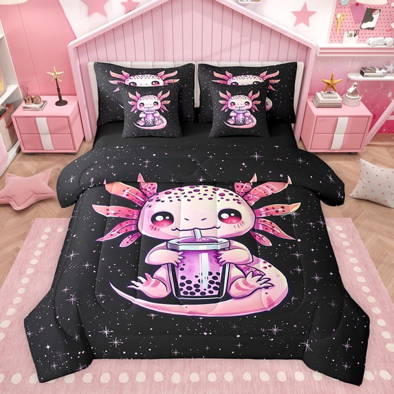 Feelyou 3D Funny Axolotl Bedding Comforter Set 7 Pieces for Child, Kawaii Milk Tea Lover Full Bedding Set, Mystic Stars Galaxy Sky Reversible Fitted Sheet Flat Sheet, Breathable Home Decor