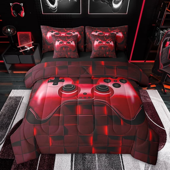 Feelyou 3D Game Console Bedding Comforter Set 7 Pieces for Boys, Modern Video Gaming Lover Full Bedding Set, Red Square Honeycomb Reversible Fitted Sheet Flat Sheet, Luxury Bedroom Decor
