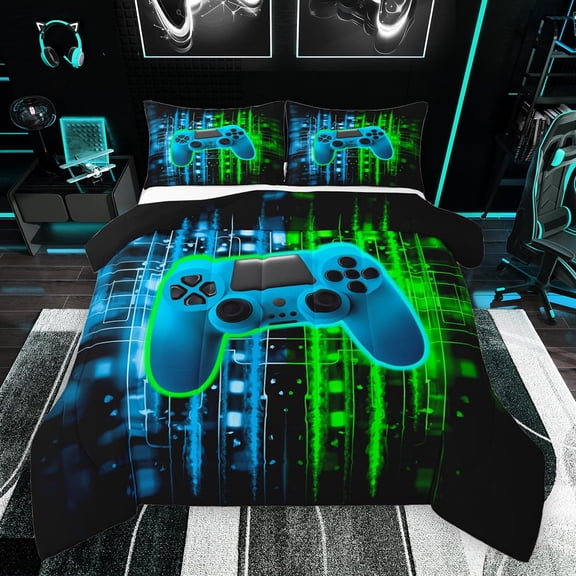 Feelyou 3D Game Console Bedding Comforter Set for Kids, Blue Green Stripes Abstract Twin Comforter Sets, Video Game Controller Reversible Bedding Set, Microfiber Bedroom Decor, 2 Pieces