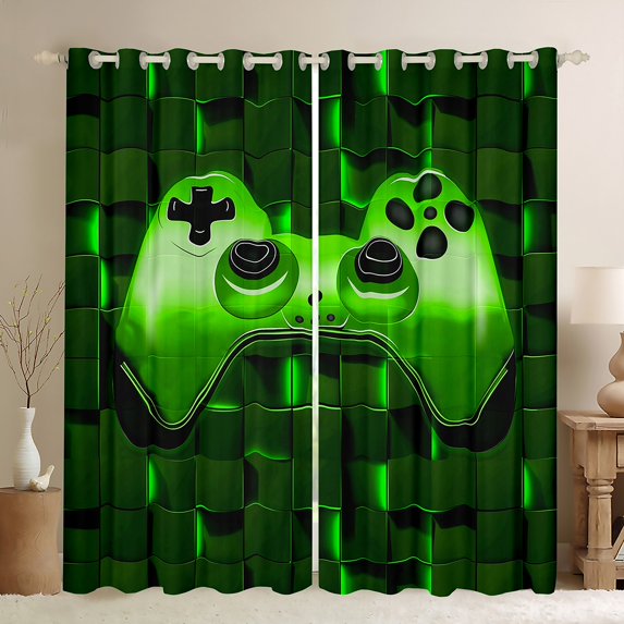 Feelyou 3D Game Console Blackout Curtains Set of 2 (52x84 Each) for Boys, Modern Video Gaming Lover Window Curtains, Green Square Honeycomb Curtains and Drapes, Living Room Curtains Decor