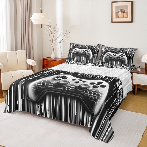 Feelyou 3D Game Console Full Size Sheets for Boys, Grey Honeycomb Stripes Bed Sheets, Modern Game Controller Sheet Sets, Microfiber Bedroom Decor, 4pcs