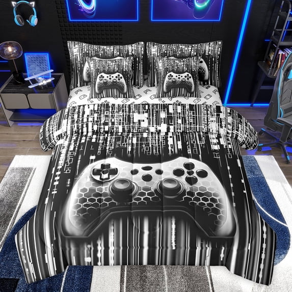 Feelyou 3D Game Console Twin Bedding Sets 7-Piece for Boys, Grey Honeycomb Stripes Bedding Comforter Set, Modern Game Controller Reversible Sheet Sets, Microfiber Bedroom Decor