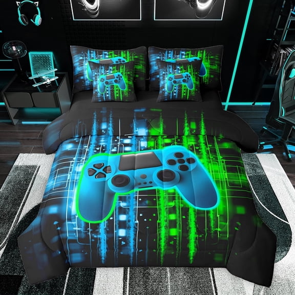 Feelyou 3D Game Console Twin Bedding Sets 7-Piece for Kids, Blue Green Stripes Abstract Bedding Comforter Set, Video Game Controller Reversible Sheet Sets, Microfiber Bedroom Decor