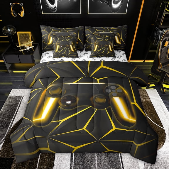 Feelyou 3D Game Controller Bedding Comforter Set 7pcs, Gamepad Game Console King Bedding Sets, Neon Yellow Honeycomnb Abstract Reversible Bed Sheets, Breathable Home Decor
