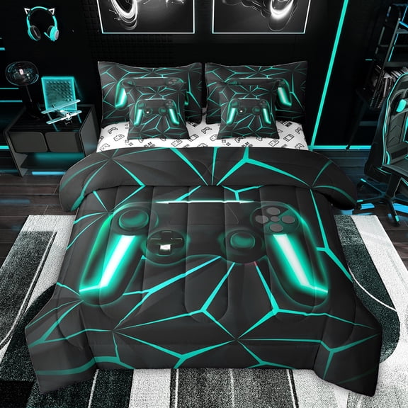 Feelyou 3D Game Controller Twin Bedding Sets 7-Piece, Gamepad Game Console Bedding Comforter Set, Neon Cyan Honeycomnb Abstract Reversible Sheet Sets, Microfiber Bedroom Decor