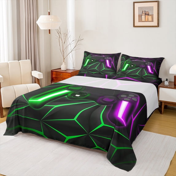 Feelyou 3D Game Controller Twin Sheet Sets, Gamepad Game Console Twin Fitted Sheet, Green Fuchsia Honeycomnb Abstract Flat Sheet, Ultra Soft Bedroom Decor, 3-Piece