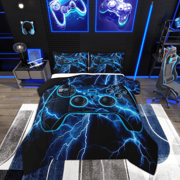 Feelyou 3D Gamepad Bedding Comforter Set for Teens, Blue Lightning Twin Comforter Sets, Modern Video Game Reversible Bedding Set, Ultra Soft Home Decor, 2 Pieces