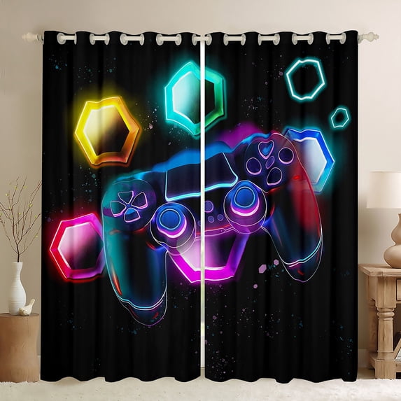 Feelyou 3D Gamepad Boys Curtains Pack of 2 (42x84 Each), Psychedelic Galaxy Curtains Blackout, Neon Honeycomb Geometric Bedroom Curtains, Window Curtains Room Decor