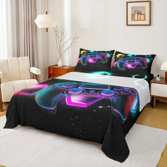 Feelyou 3D Gamepad Boys Twin Sheet Sets, Psychedelic Galaxy Twin Fitted Sheet, Neon Honeycomb Geometric Flat Sheet, Lightweight Room Decor, 3-Piece