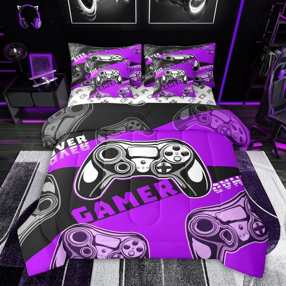 Feelyou 3D Gamepad Lover Bedding Comforter Set 7pcs for Teens, Video Gaming Gamer Queen Bedding Sets, Purple Cartoon Game Theme Reversible Queen Sheet Sets, Lightweight Room Decor