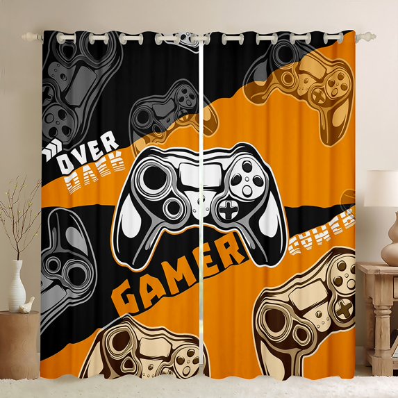 Feelyou 3D Gamepad Lover Black Out Curtains for Teens, Video Gaming Gamer Curtains Pack of 2 (42x63 Each), Orange Cartoon Game Theme Bedroom Curtains, Window Curtains Home Decor
