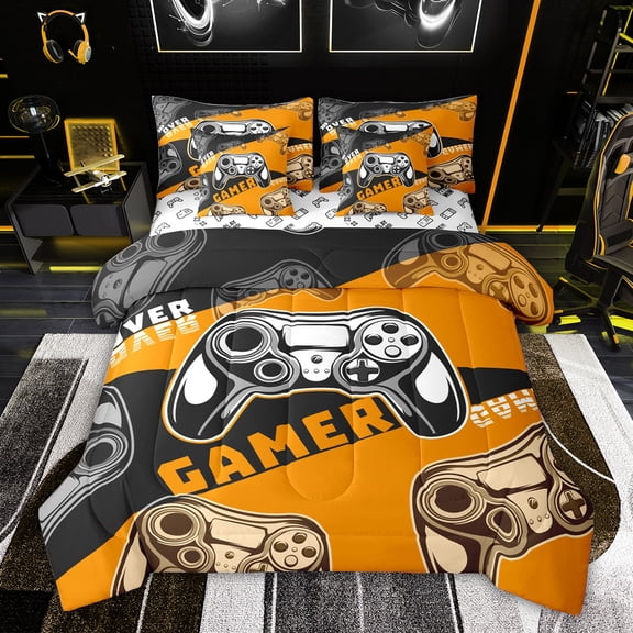 Feelyou 3D Gamepad Lover Twin Bedding Sets 7-Piece for Teens, Video Gaming Gamer Bedding Comforter Set, Orange Cartoon Game Theme Reversible Sheet Sets, Breathable Home Decor