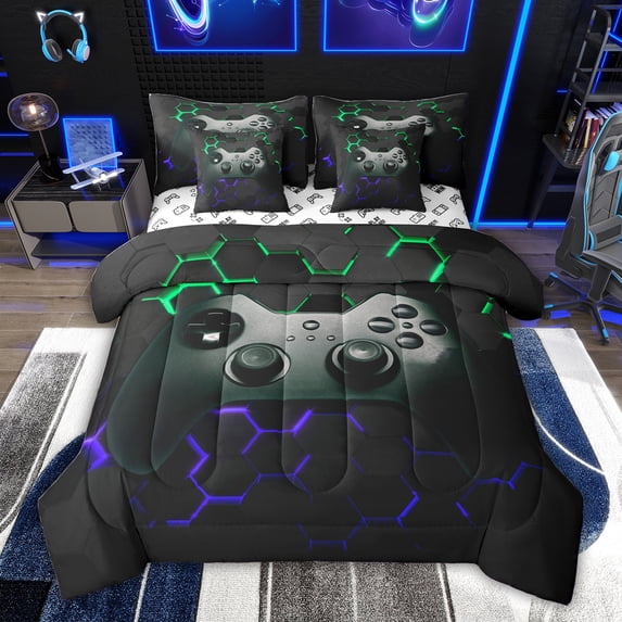 Feelyou 3D Gamepad Player Bedding Comforter Set 7pcs, Blue Green Honeycomnb Queen Bedding Sets, Modern Video Games Lover Reversible Queen Sheet Sets, Super Cozy Room Decor