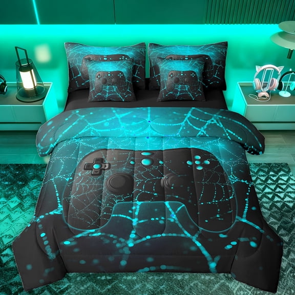 Feelyou 3D Gamepad Player Bedding Comforter Set 7pcs for Boys, Glitter Blue Spider Web Queen Bedding Sets, Modern Gaming Reversible Queen Sheet Sets, Ultra Soft Bedroom Decor