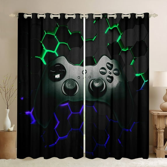 Feelyou 3D Gamepad Player Blackout Curtains Set of 2 (52x84 Each), Blue Green Honeycomnb Window Curtains, Modern Video Games Lover Curtains and Drapes, Black Out Curtains Decor