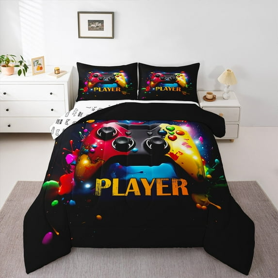 Feelyou 3D Gamepad Queen Comforter Set for Kid, Gamer Gaming Bedding Sets, Watercolor Artwork Reversible Bedding Comforter Set, Microfiber Bedroom Decor, 3-Piece