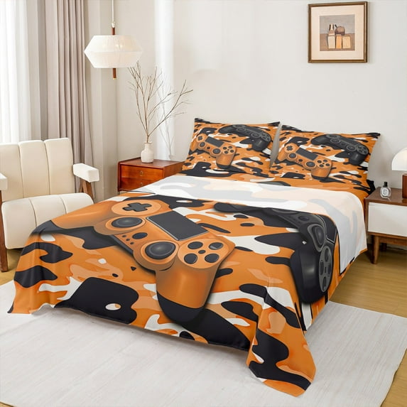 Feelyou 3D Games Console Bed Sheets for Boys, Modern Gaming Gamer King Sheets, Orange Cartoon Camouflage Sheet Set, Lightweight Room Decor, 4 Pieces