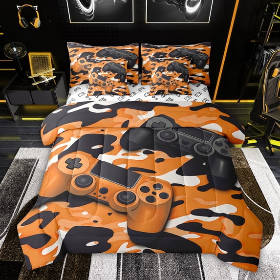 Feelyou 3D Games Console Bedding Comforter Set 7 Pieces for Boys, Modern Gaming Gamer Full Bedding Set, Orange Cartoon Camouflage Reversible Fitted Sheet Flat Sheet, Lightweight Room Decor