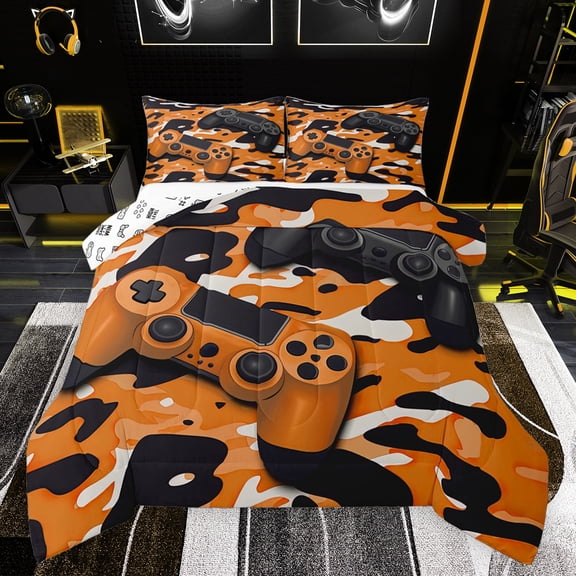 Feelyou 3D Games Console Bedding Comforter Set for Boys, Modern Gaming Gamer Twin Comforter Sets, Orange Cartoon Camouflage Reversible Bedding Set, Lightweight Room Decor, 2 Pieces