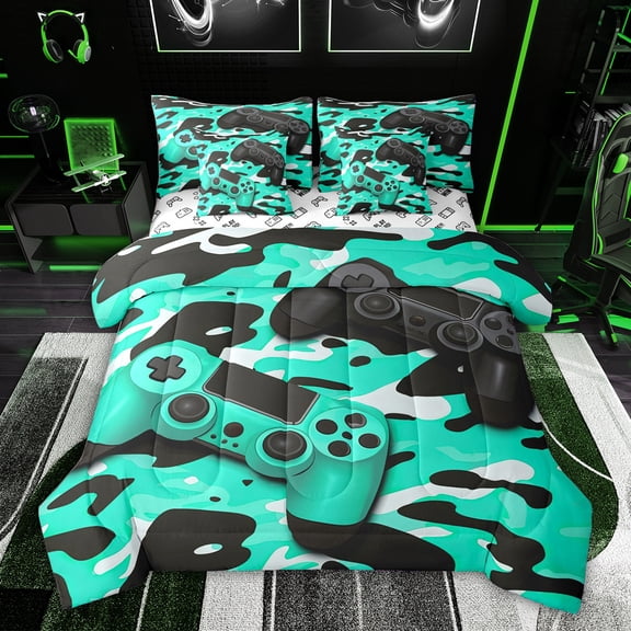 Feelyou 3D Games Console Twin Bedding Sets 7-Piece for Boys, Modern Gaming Gamer Bedding Comforter Set, Cyan Cartoon Camouflage Reversible Sheet Sets, Breathable Home Decor