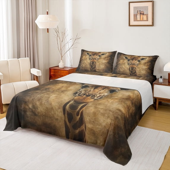 Feelyou 3D Giraffe Animal Full Size Sheets, Rustic Jungle Wildlife Bed Sheets, Teens Kids Boys Girls Sheet Sets, Breathable Home Decor, 4-Piece