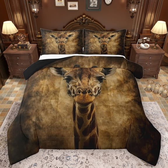 Feelyou 3D Giraffe Animal Queen Comforter Set, Rustic Jungle Wildlife Bedding Sets, Teens Kids Boys Girls Reversible Bedding Comforter Set, Breathable Home Decor, 3-Piece