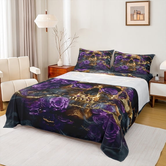 Feelyou 3D Gold Skeleton Bed Sheets for Teens, Romantic Purple Rose King Sheets, Gothic Valentines Day Sheet Set, Microfiber Bedroom Decor, 4-Piece