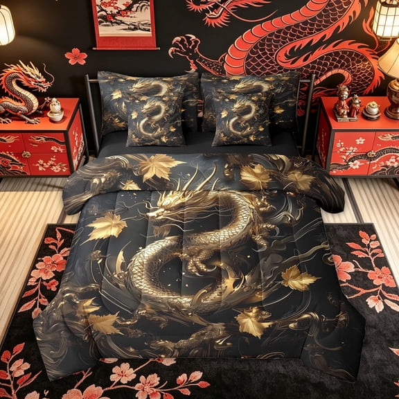Feelyou 3D Golden Dragon Twin Bedding Sets for Men Women, Wildlife Animal Bedding Comforter Set, Black Gold, Black Reversible, 7 Pieces