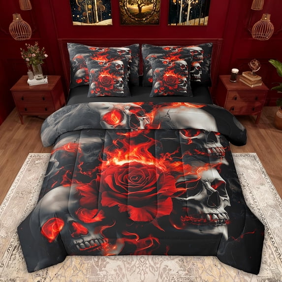 Feelyou 3D Gothic Skull Bedding Comforter Set 7 Pieces for Couple, Romantic Red Rose Full Bedding Set, Happy Valentine's Day Reversible Fitted Sheet Flat Sheet, Luxury Bedroom Decor